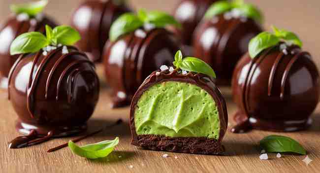 Homemade Basil Truffle with chocolate and fresh basil leaves
