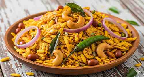 स्वादिष्ट और क्रिस्पी पोहे वाली नमकीन सर्विंग प्लेट में
