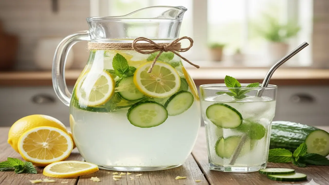 ताज़ी ठंडी डिटॉक्स लेमन और ककड़ी चाय, नींबू और पुदीना के स्लाइस के साथ